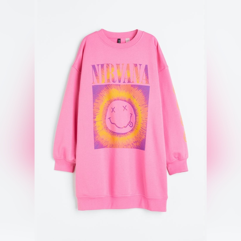 Oversized Nirvana Pink smiley sweatshirt sweater dress XXL NWOT
